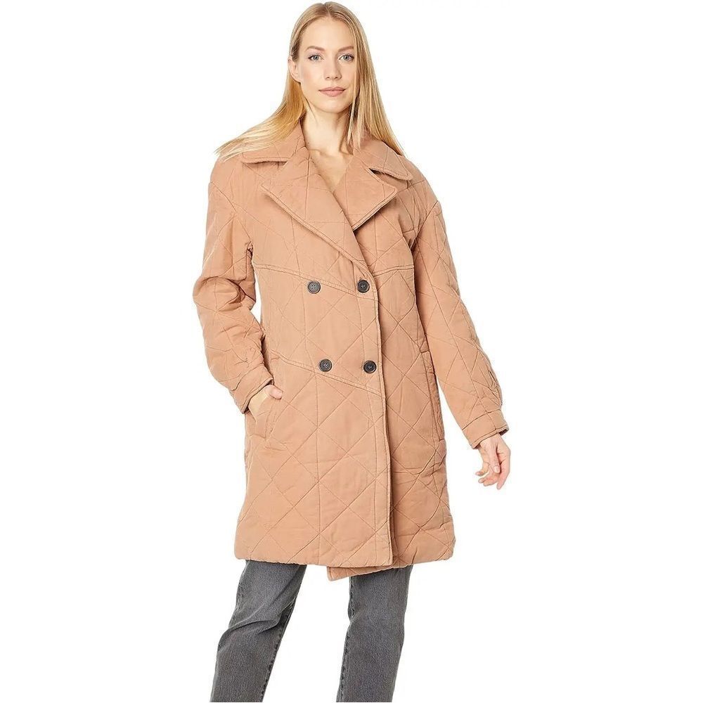 Avec Les Filles Washed Double-Breasted Quilted Peacoat in Camel Size XS